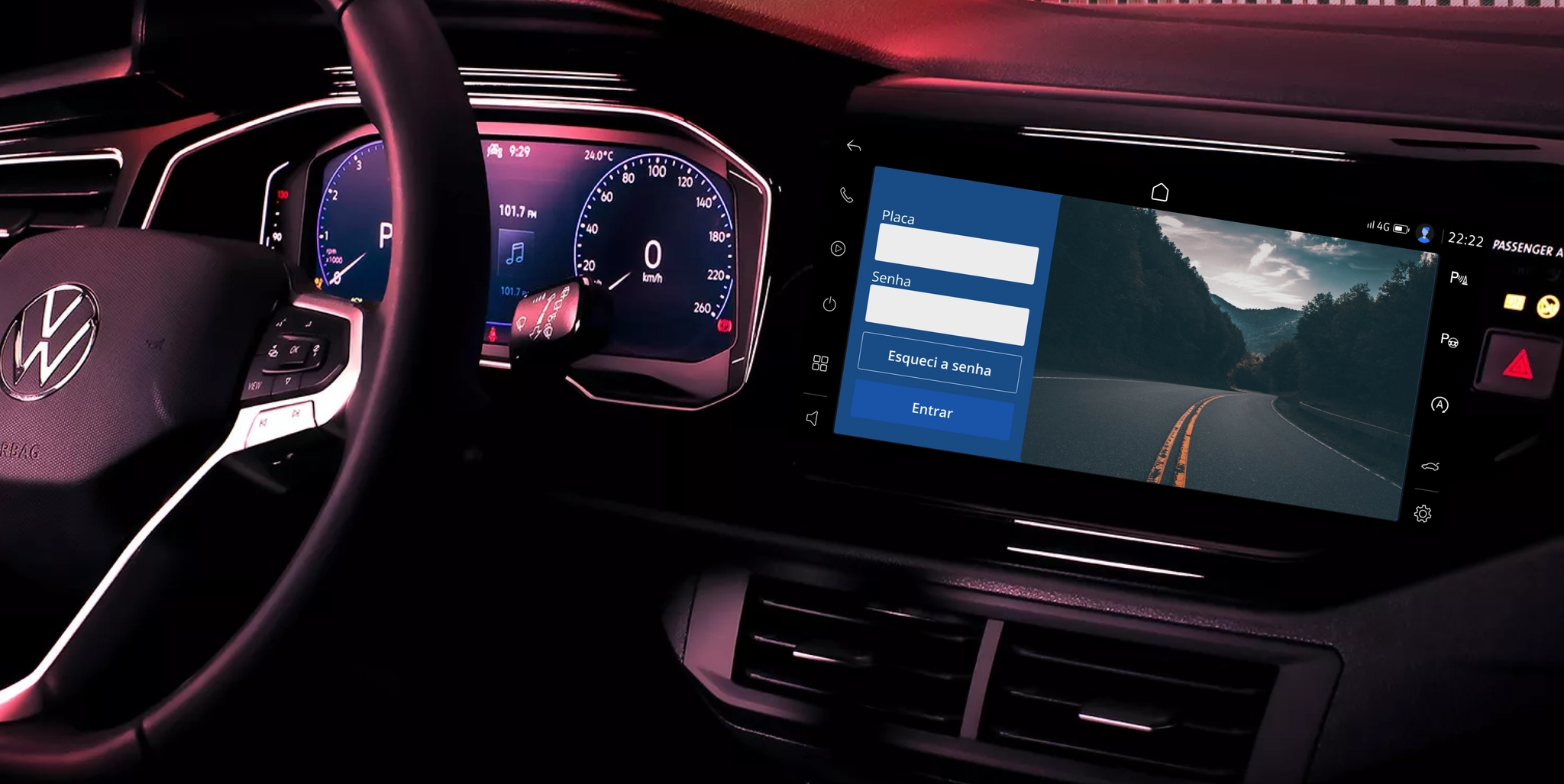 Mockup do aplicativo Acciona Seguros em um automóvel